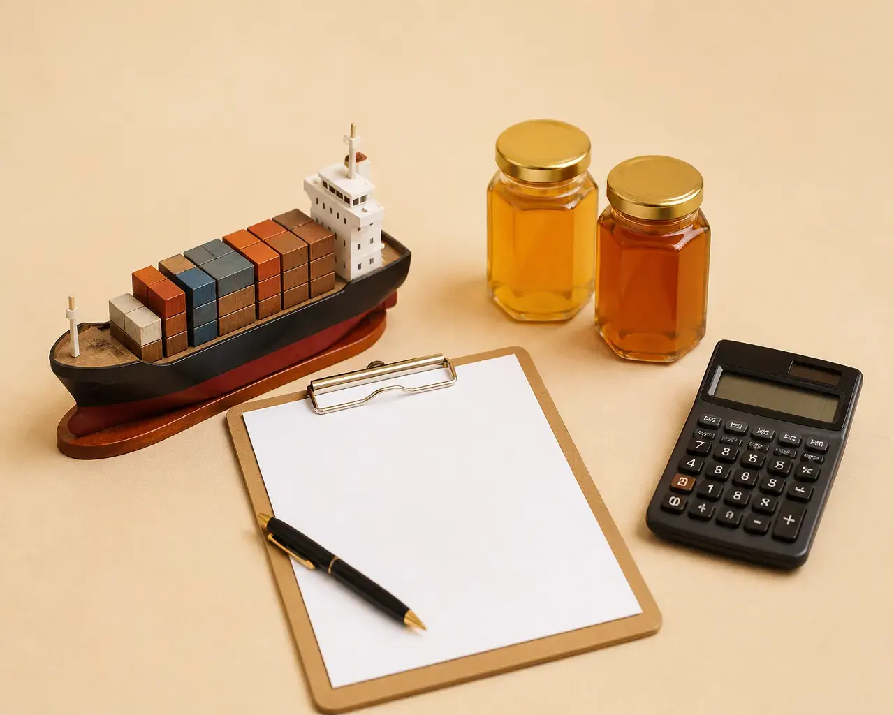 Freight quotation document, container ship model and glass honey jars on a warm beige desk