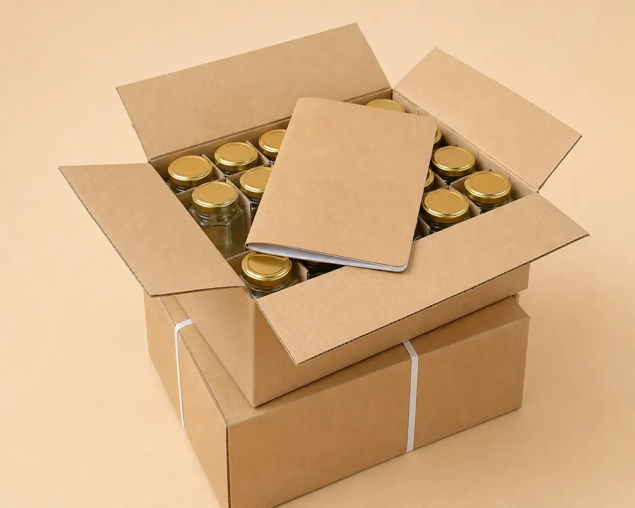 Export cartons of glass jars on a quay with a closed marine insurance folder on top