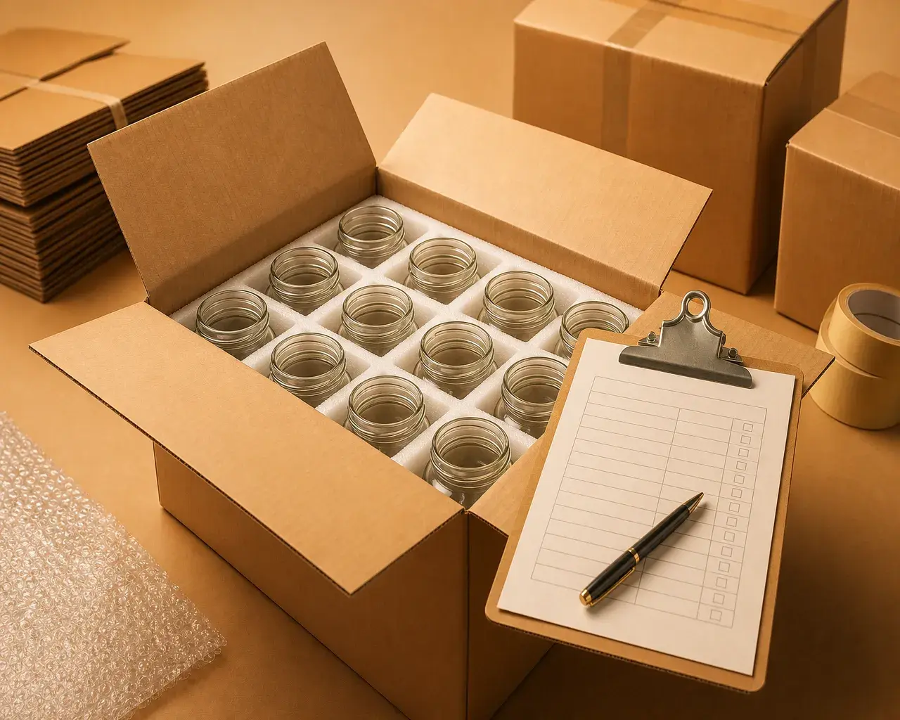 Inspector checking foam-padded glass jars inside an export carton