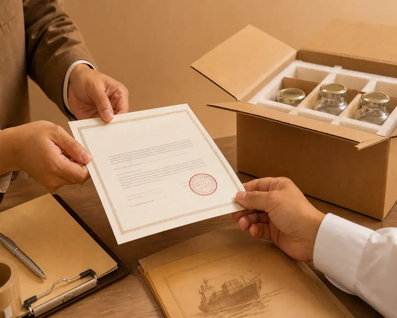 Hands exchanging a marine cargo insurance certificate beside a carton of glass jars