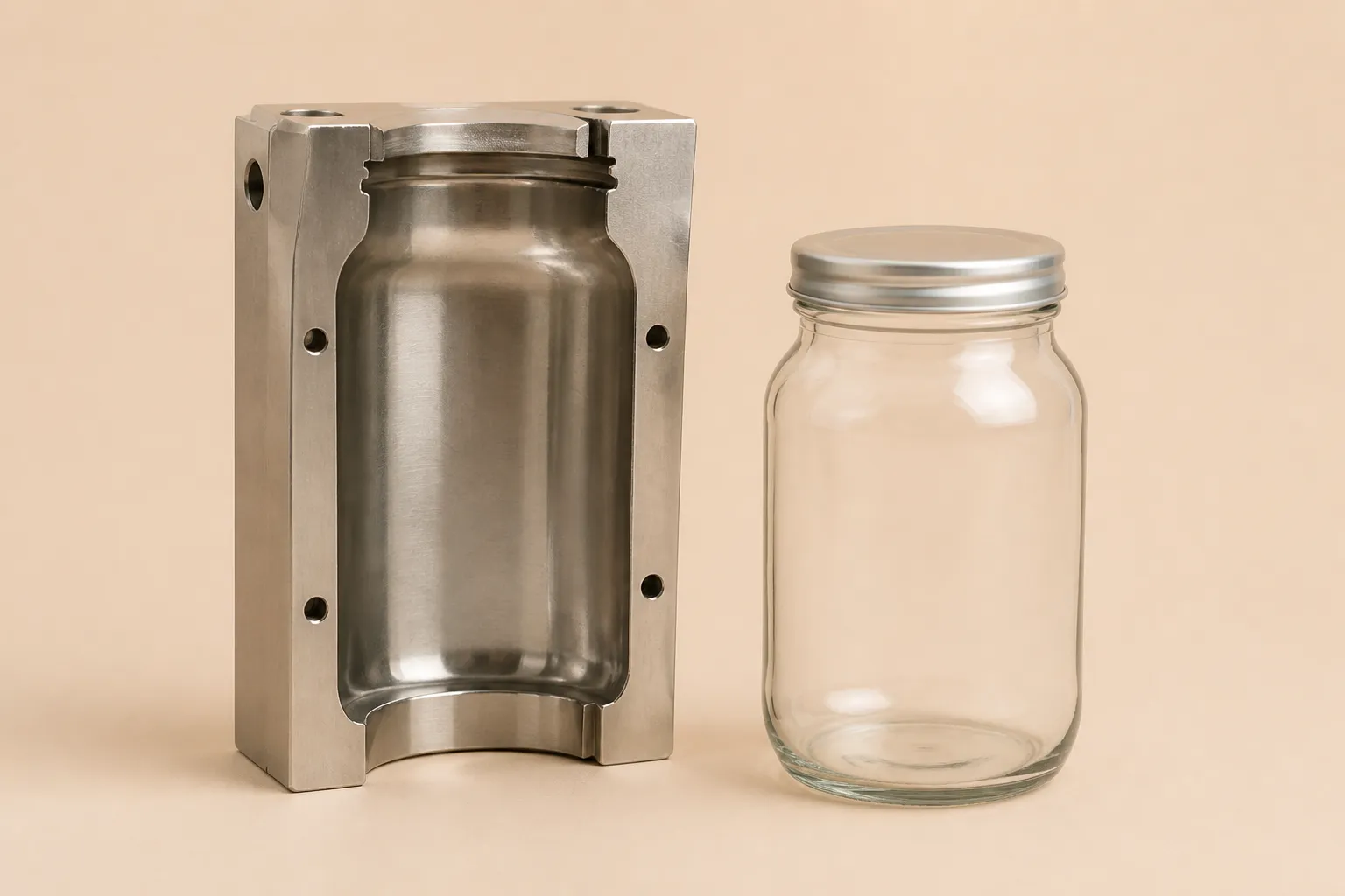 Steel blank mold half standing beside the clear glass jar shape it forms