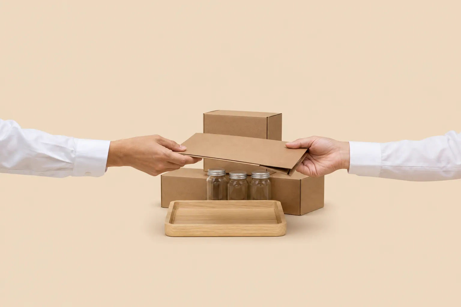 Glass jar export documents: the Incoterms folder handed across a desk with jars and cartons behind