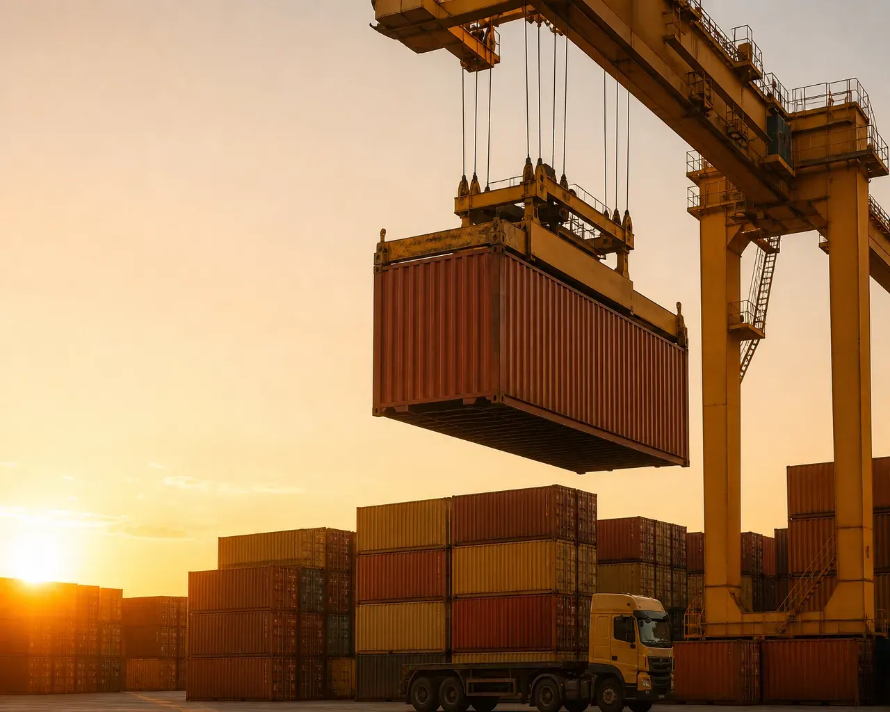 Gantry crane lifting an export container at a port yard, the main carriage the buyer books under EXW