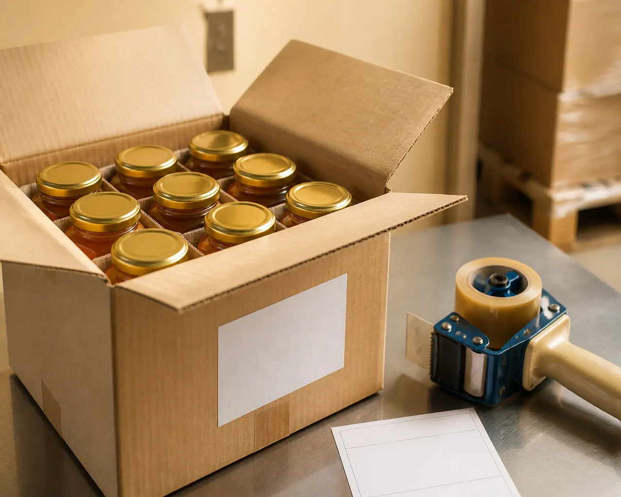 Export carton of hexagonal honey jars on the packing bench, ready for EXW pickup