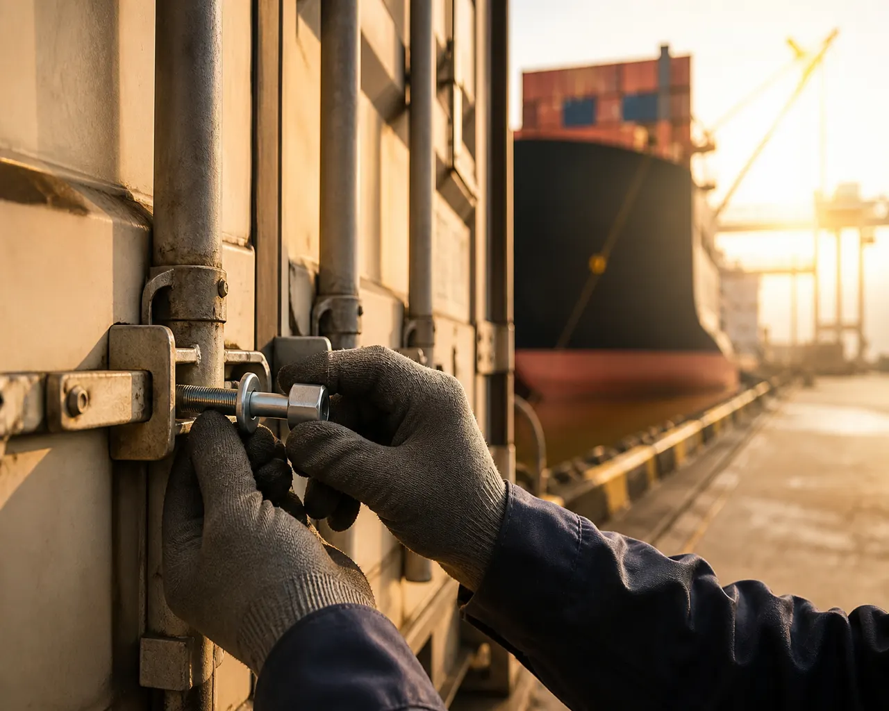 Gloved hands applying a bolt seal to an export container at the port of shipment under FOB
