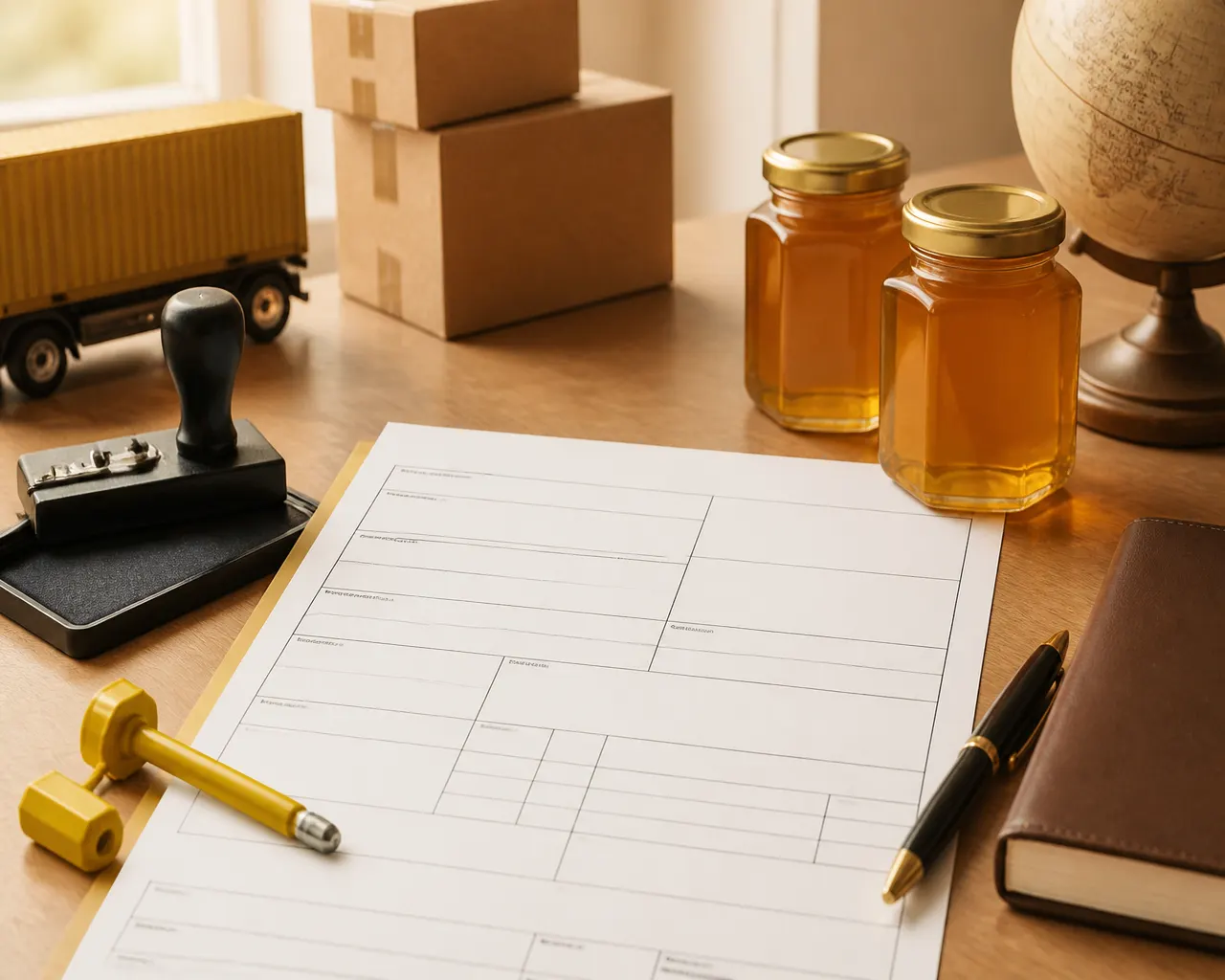 Bill of lading, container bolt seal and glass jars on a forwarder’s desk under FOB terms