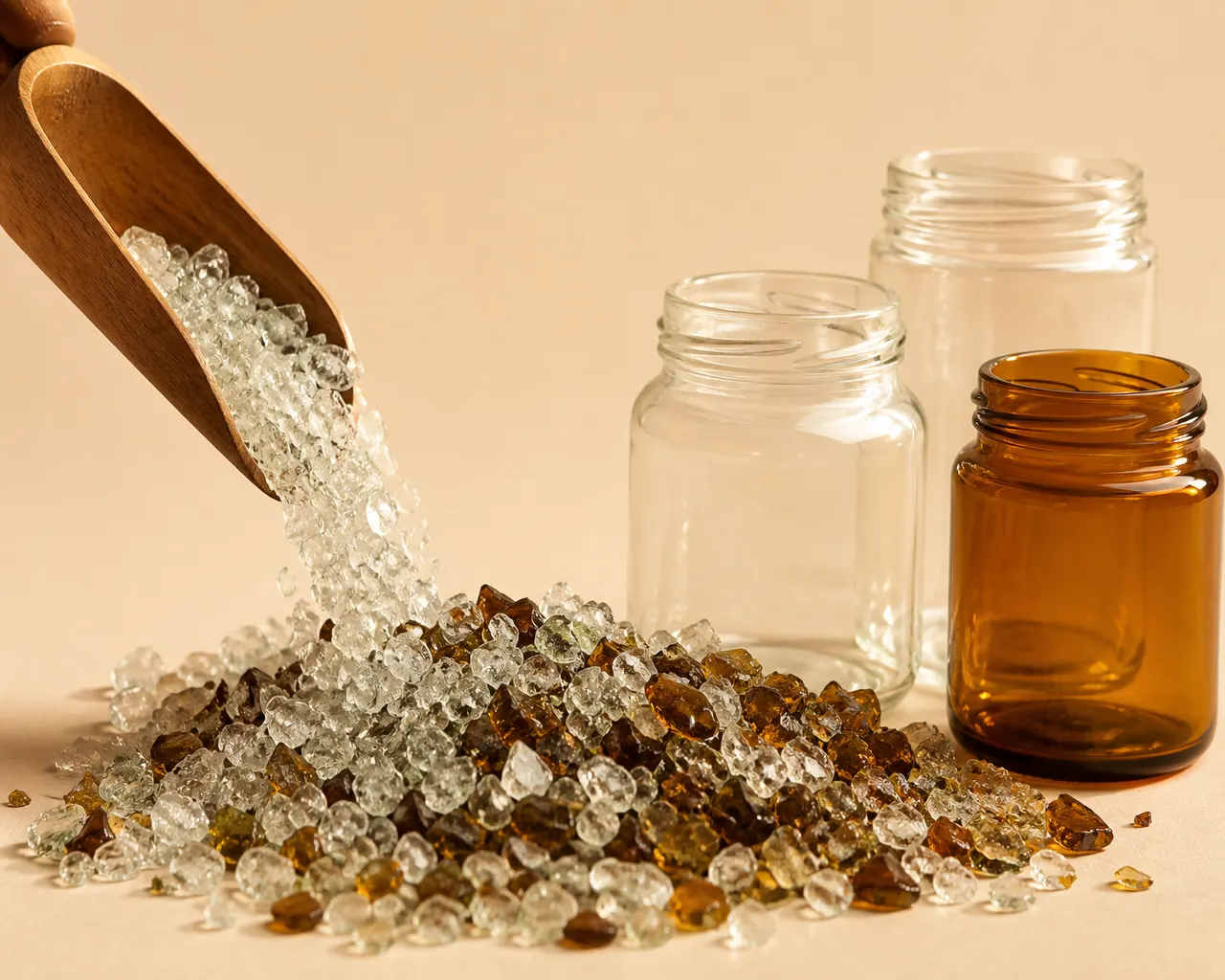 Glass cullet ready for recycling into new jars