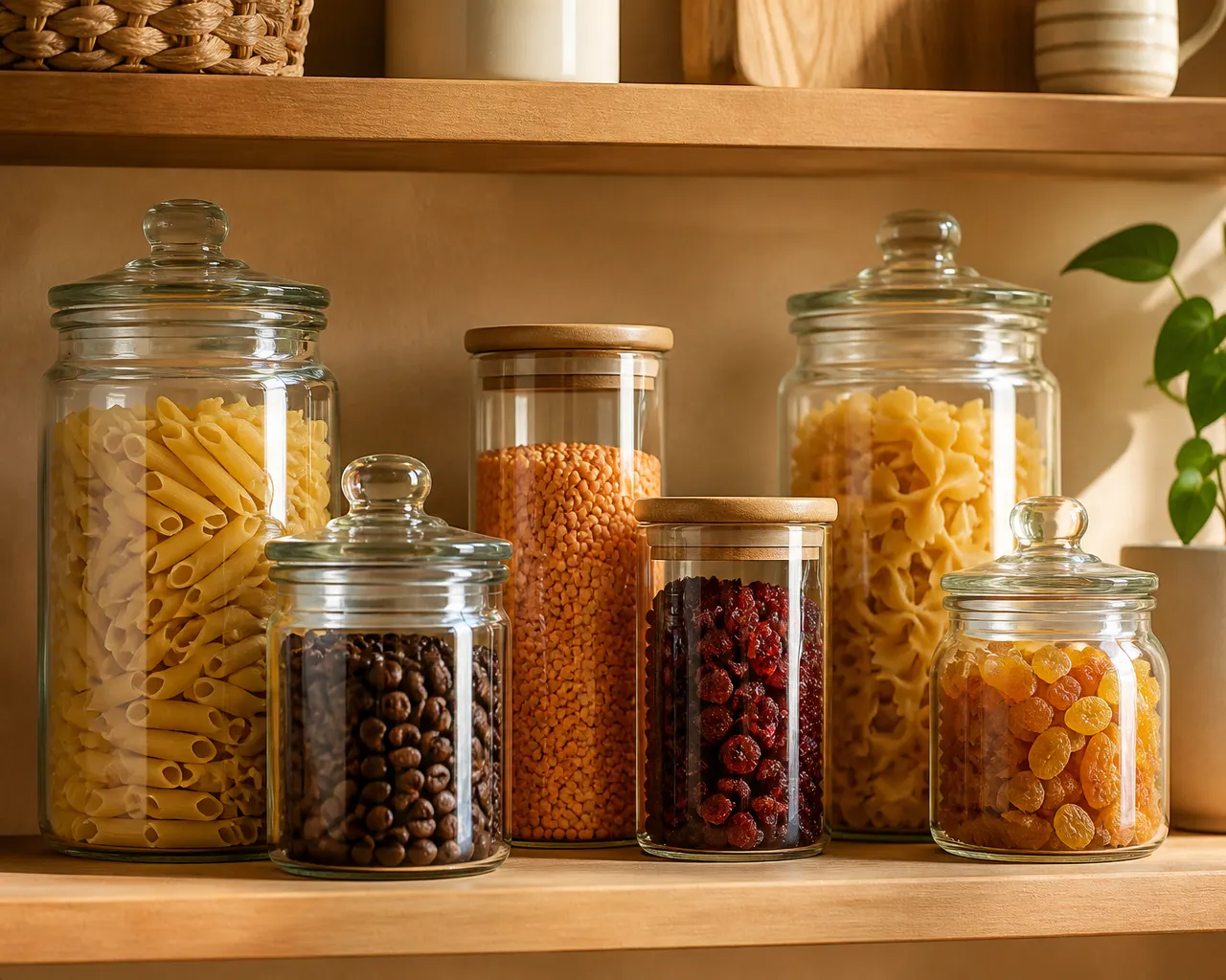 Pantry shelf of glass storage jars keeping dry foods fresh