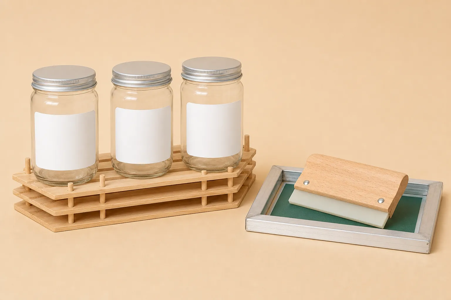 Glass jars with blank screen-printed panels drying on a wooden rack beside a screen-printing frame