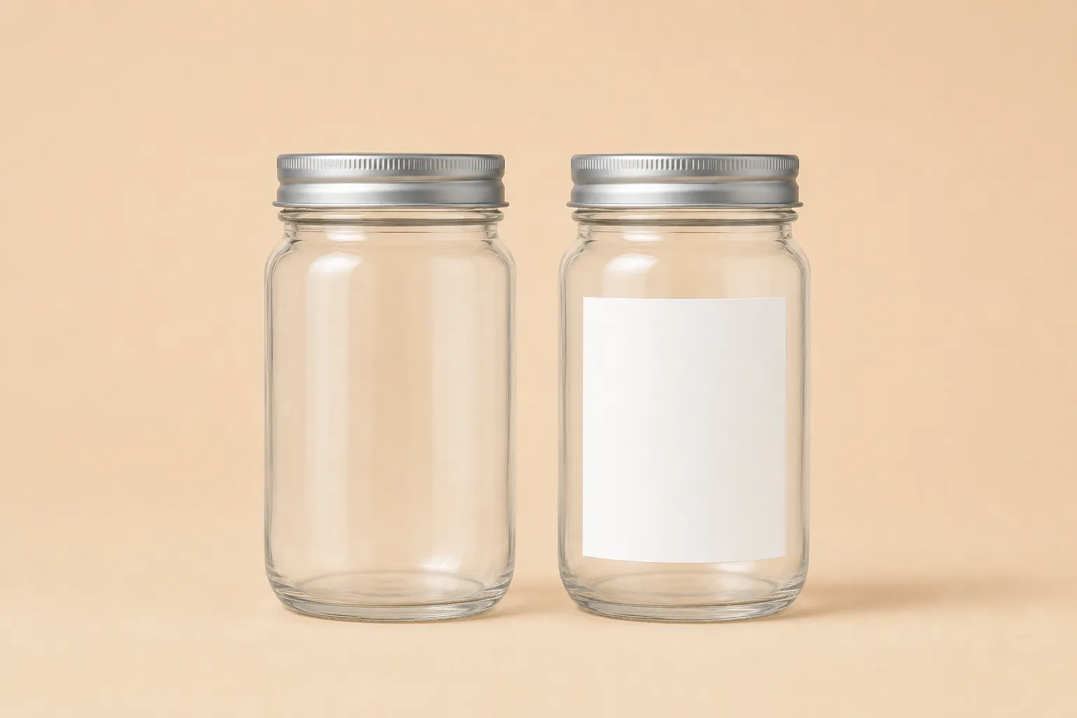 Two identical clear glass jars side by side, one plain and one with a blank white screen-printed panel
