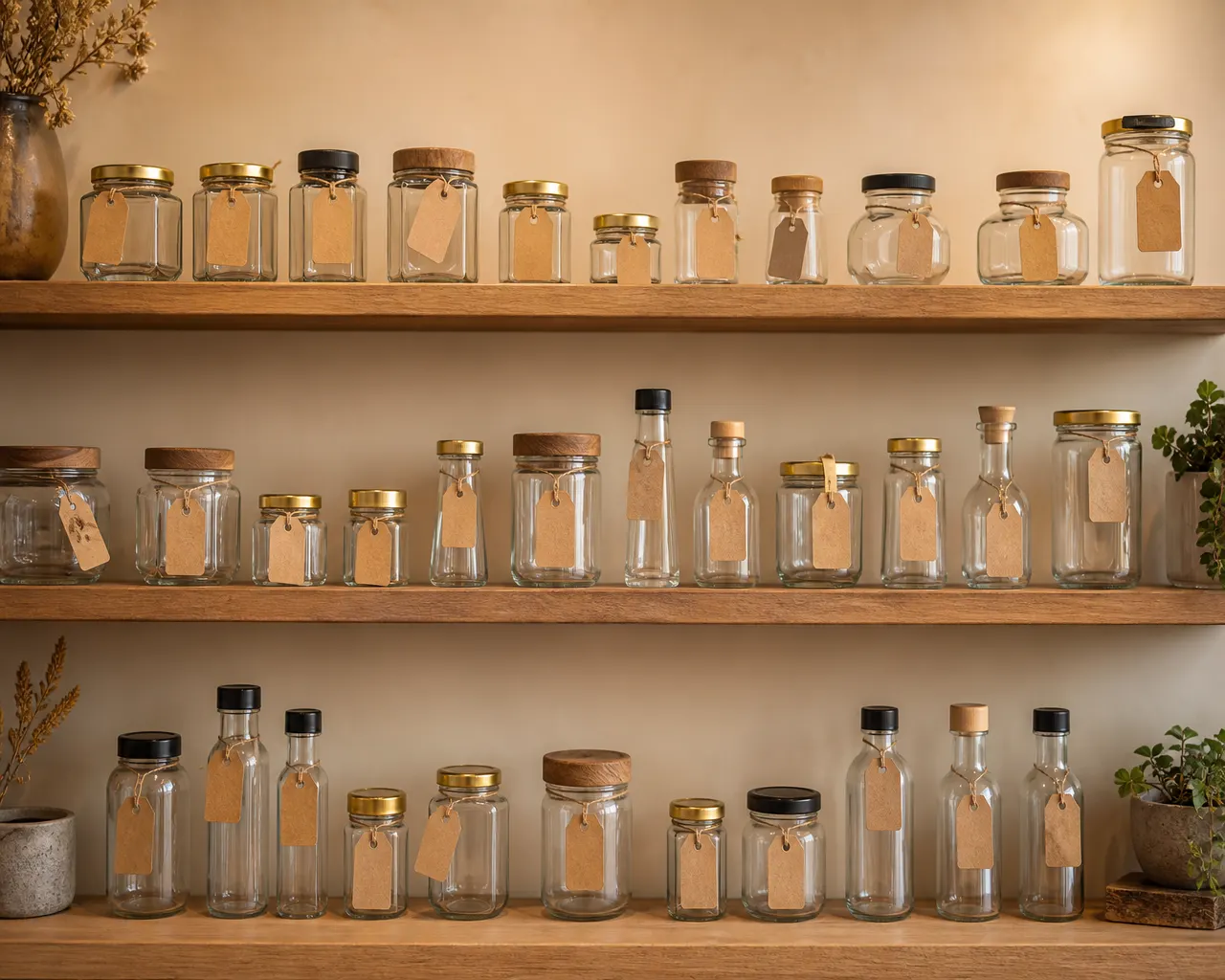 Sample wall of glass jars and bottles for MOQ evaluation