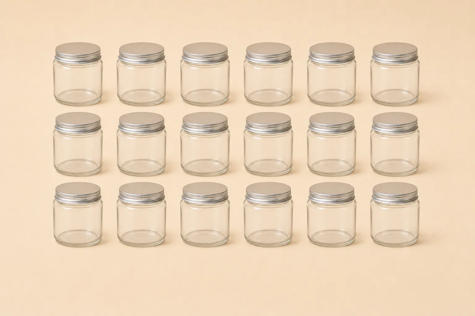 Rows of identical clear glass jars with silver caps arranged in a neat production grid on a warm beige background