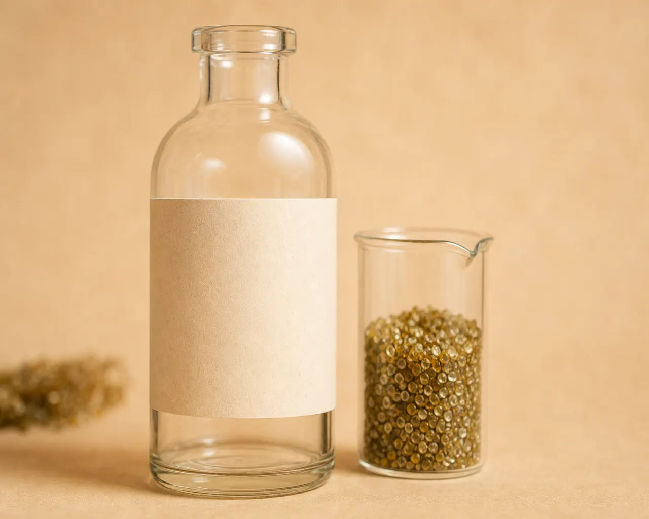 Clear glass bottle with blank cream label beside a beaker of amber-green cullet grains