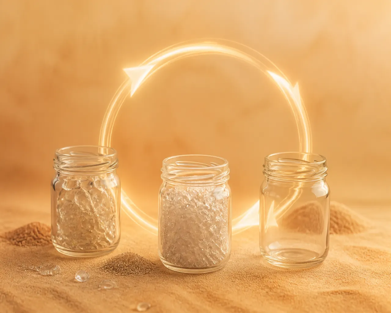 Three clear glass jars in an arc with warm light trails suggesting the endless glass recycling loop